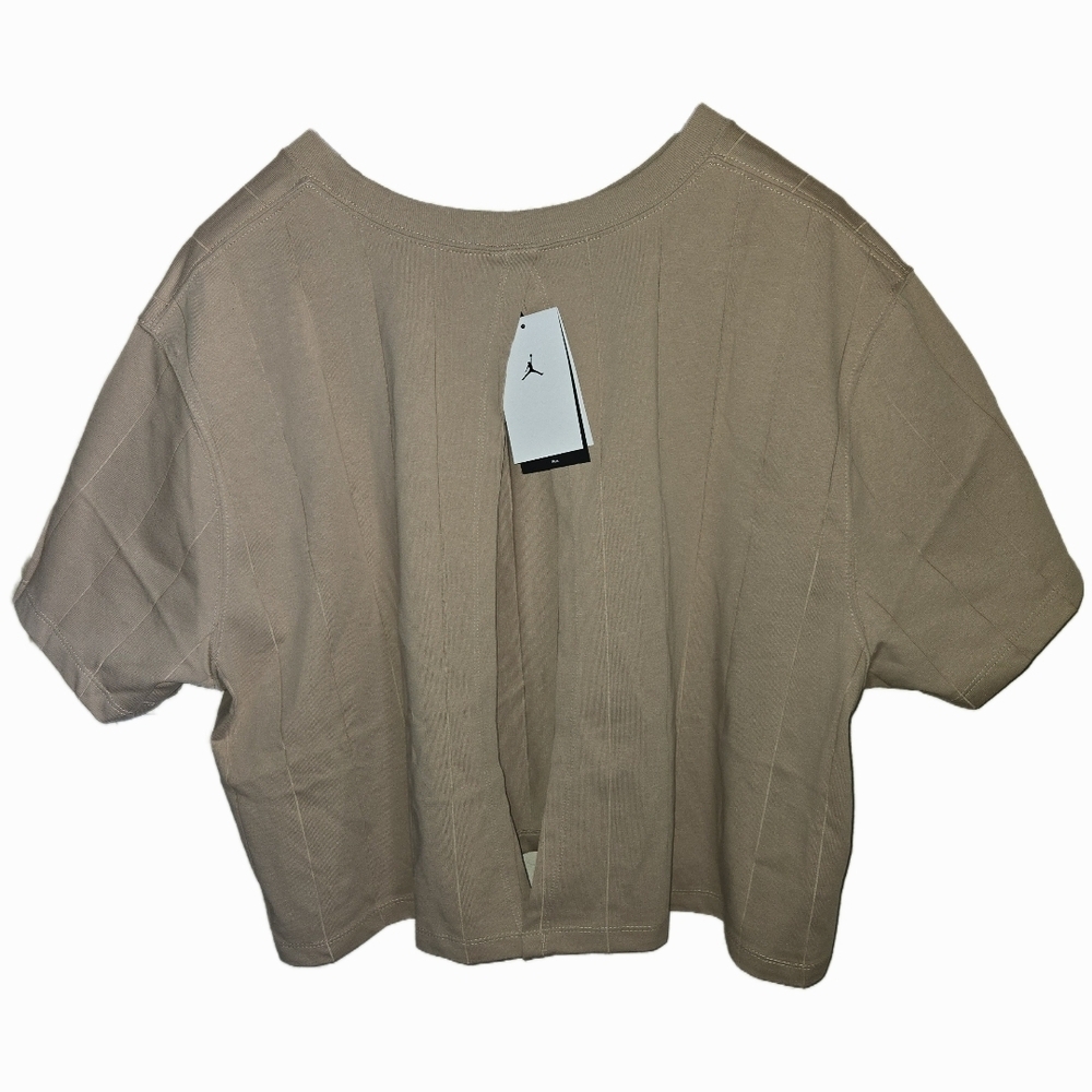 NWT Jordan Pin Striped Tan 2X Open Back Crop T-Shirt Short Sleeve - Picture 2 of 9